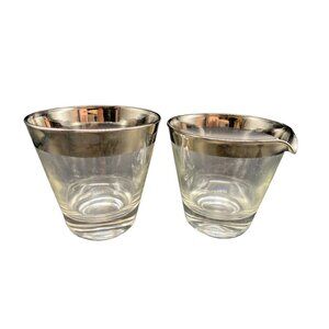 Silver Band Bar Ware Glass Creamer & Sugar Bowl Set Vintage Dorothy Thorpe MCM